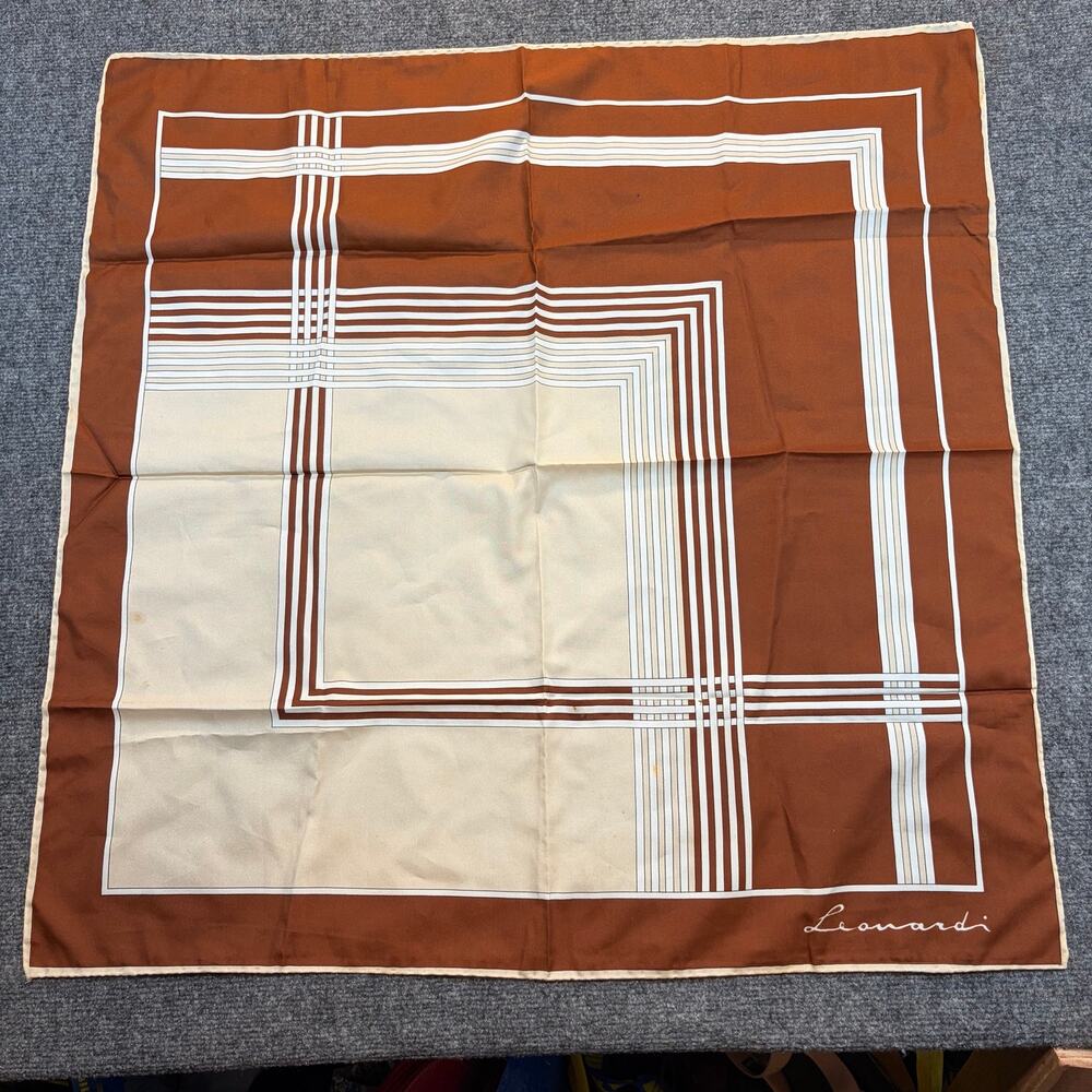 Vintage Leonardi Italy Brown Cream Geometric Striped Signed Square Scarf Silk